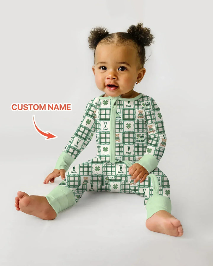 Custom Name Teddy Bear Gingham St. Patrick's Day Bamboo Convertible Zippy
