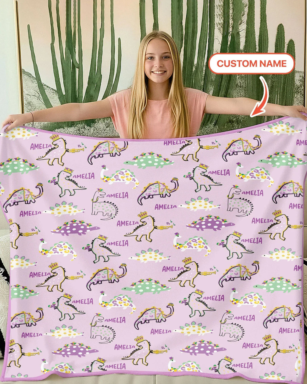 Custom Name Mardi Gras Saurus Bamboo Blanket