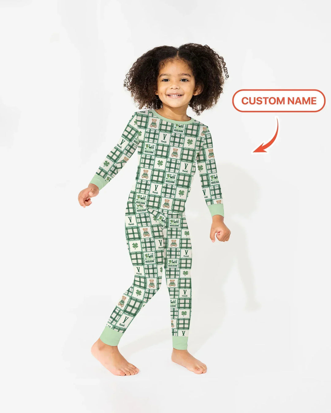 Custom Name Teddy Bear Gingham St. Patrick's Day Bamboo Two Piece Long Sleeve Pajama Set