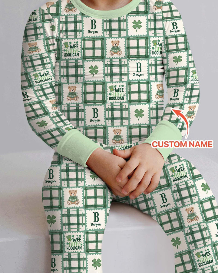 Custom Name Teddy Bear Gingham St. Patrick's Day Bamboo Two Piece Long Sleeve Pajama Set