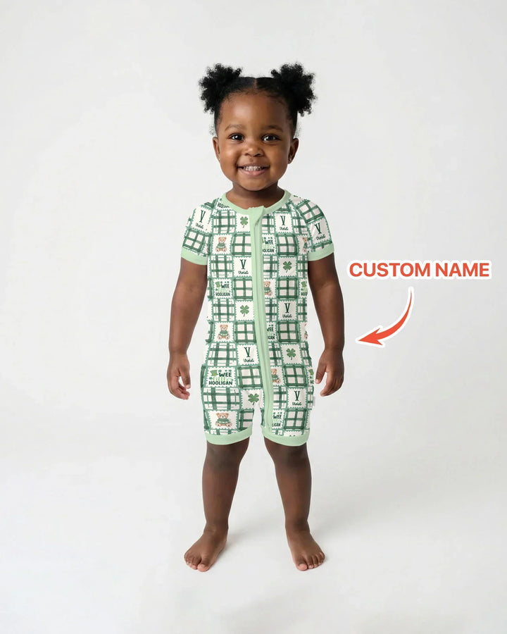 Custom Name Teddy Bear Gingham St. Patrick's Day Bamboo Shorty Zippy