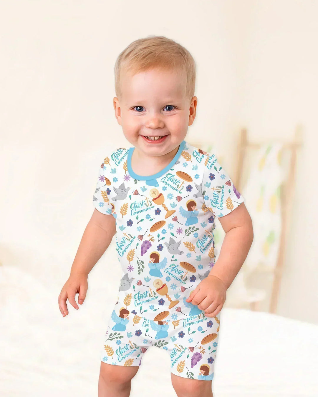 First Communion Bamboo Two Piece Short Sleeve Shorts Pajama Set