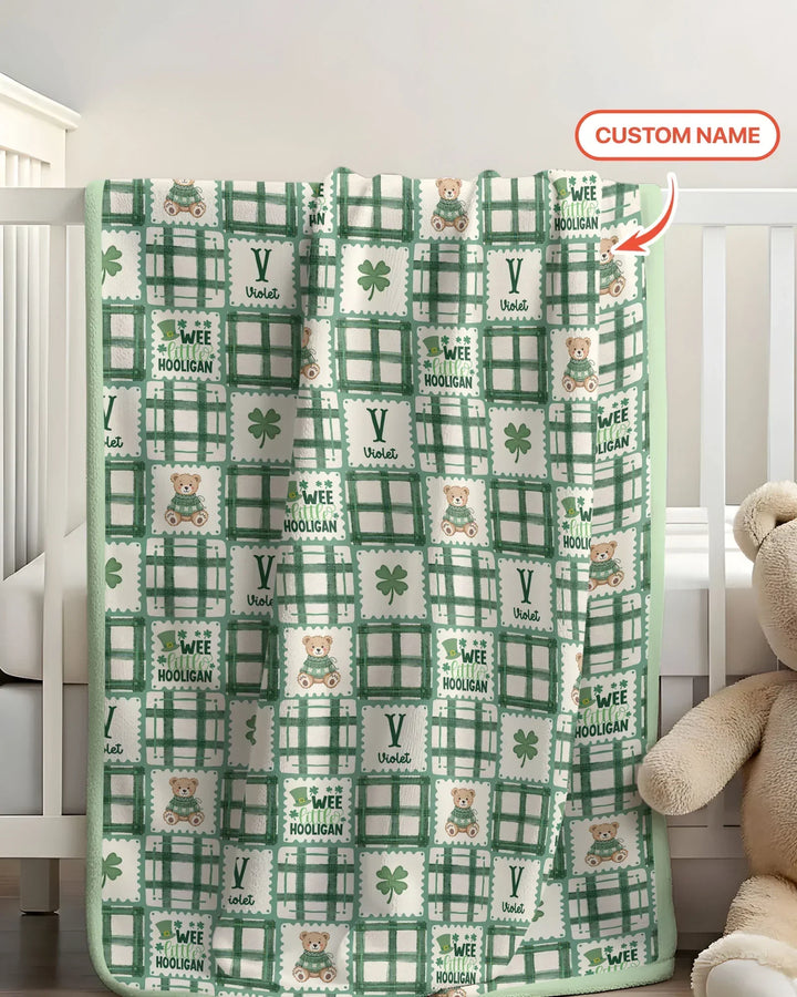 Custom Name Teddy Bear Gingham St. Patrick's Day Bamboo Blanket