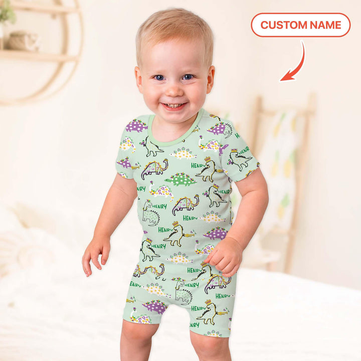 Custom Name Mardi Gras Saurus Bamboo Two Piece Short Sleeve Shorts Pajama Set