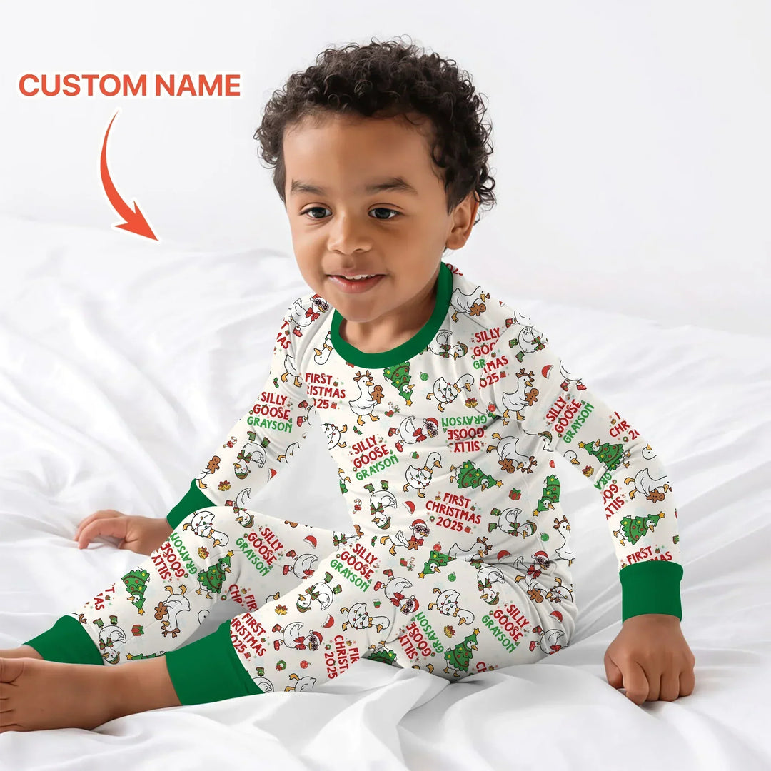 Custom Name "Silly Goose" Two Piece Long Sleeve Pajama Set (Green) , Custom Name "Silly Goose" Two Piece Long Sleeve Pajama Set (Green) - 12-18M