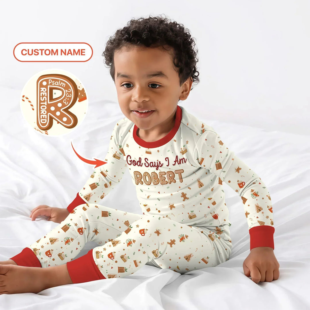 GingerBread God Says I Am Custom Name Two Piece Long Sleeve Pajama Set , GingerBread God Says I Am Custom Name Two Piece Long Sleeve Pajama Set - 12-18M