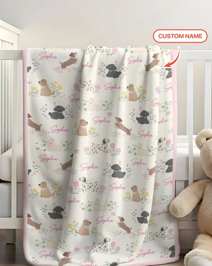 Custom Name Flower Dogs Bamboo Blanket