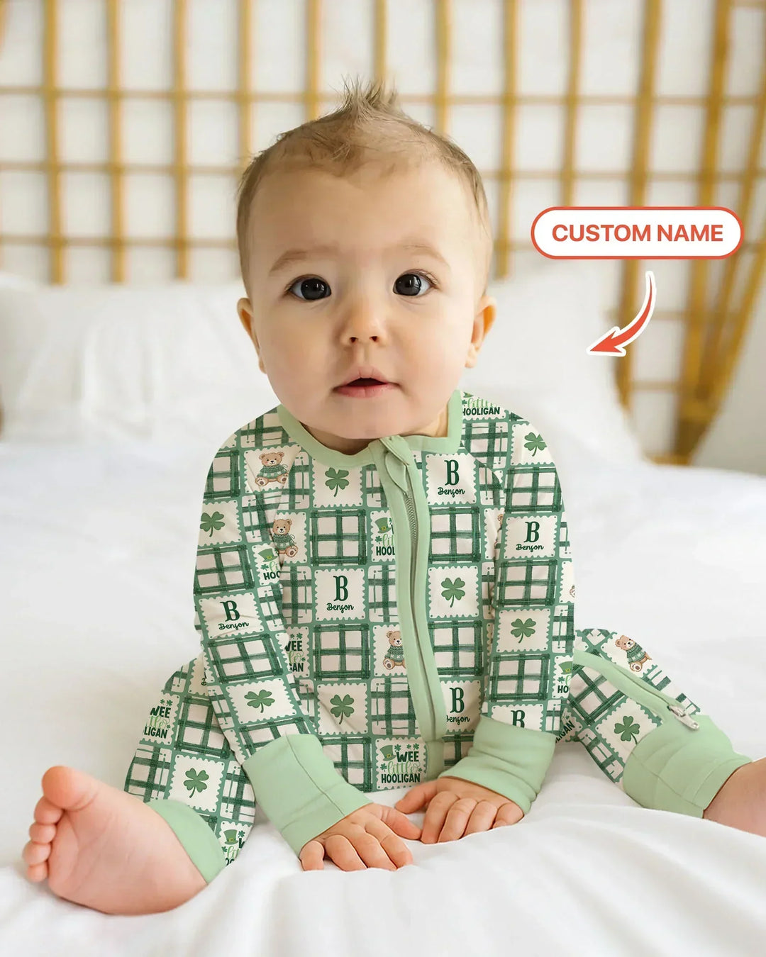 Custom Name Teddy Bear Gingham St. Patrick's Day Bamboo Convertible Zippy
