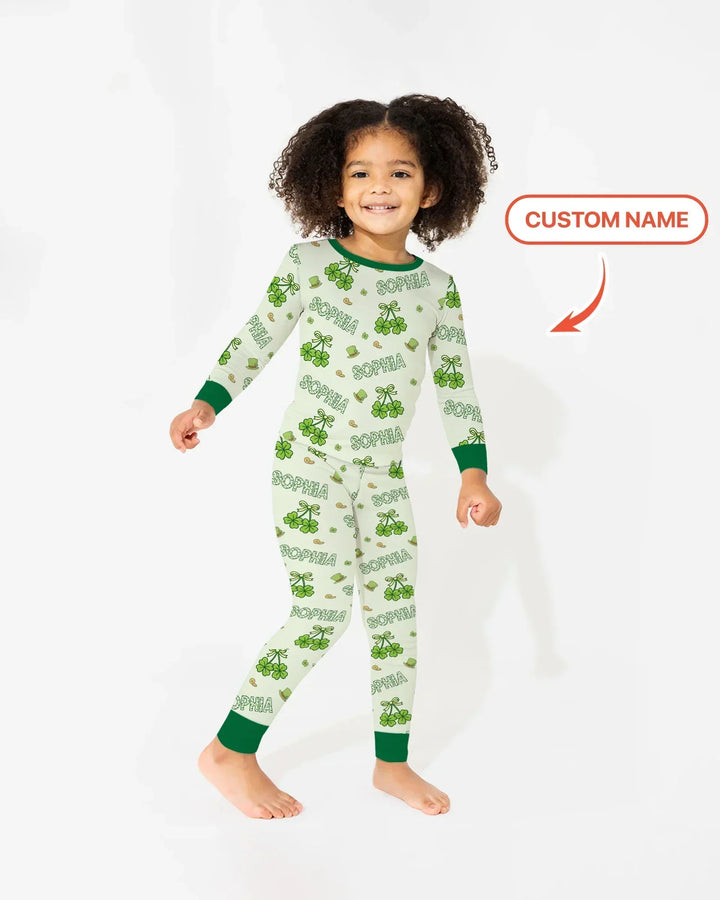 Custom Name Lucky Little Shamrock Bamboo Two Piece Long Sleeve Pajama Set