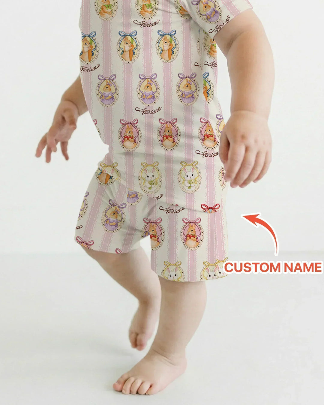 Custom Name Vintage Easter Bunny Bamboo Two Piece Short Sleeve Shorts Pajama Set