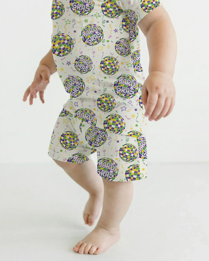 Mardi Gras Disco Ball Bamboo Two Piece Short Sleeve Shorts Pajama Set