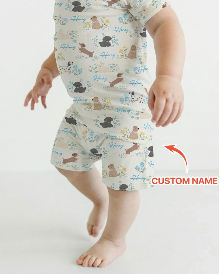 Custom Name Flower Dogs Bamboo Two Piece Short Sleeve Shorts Pajama Set