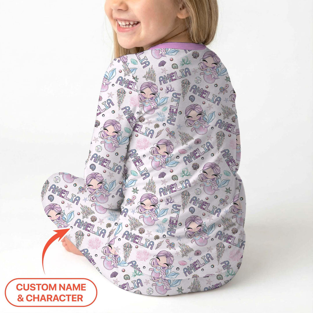 Custom Name Doodle Little Mermaid Bamboo Two Piece Long Sleeve Pajama Set