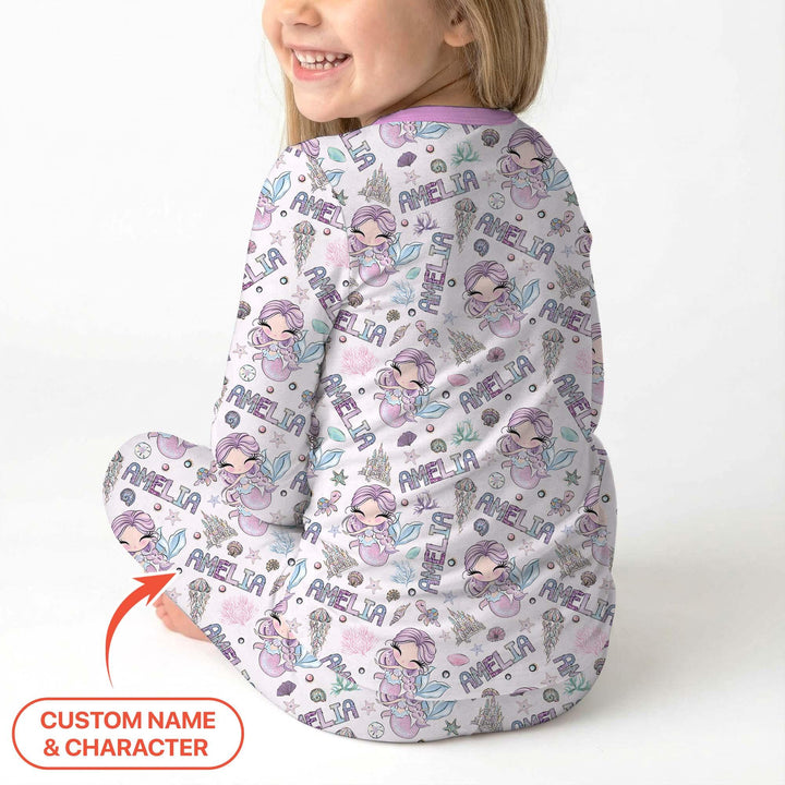 Custom Name Doodle Little Mermaid Bamboo Two Piece Long Sleeve Pajama Set