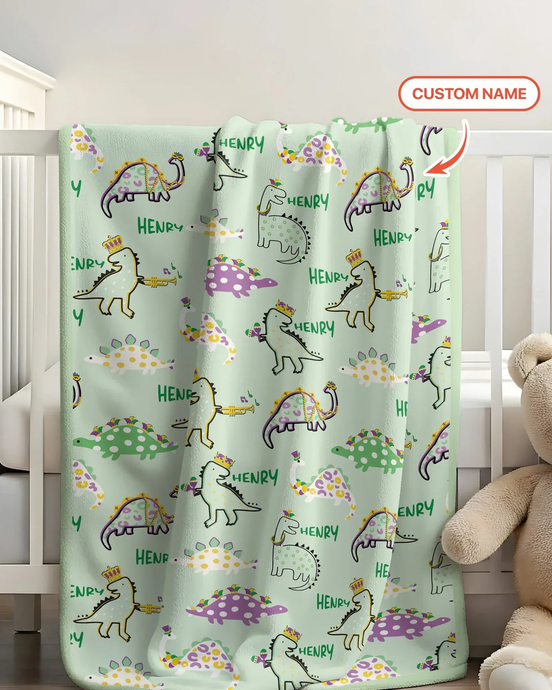 Custom Name Mardi Gras Saurus Bamboo Blanket