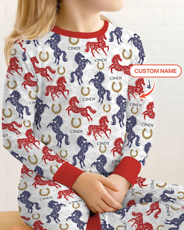 Custom Name Chinoiserie Horses Bamboo Two Piece Long Sleeve Pajama Set