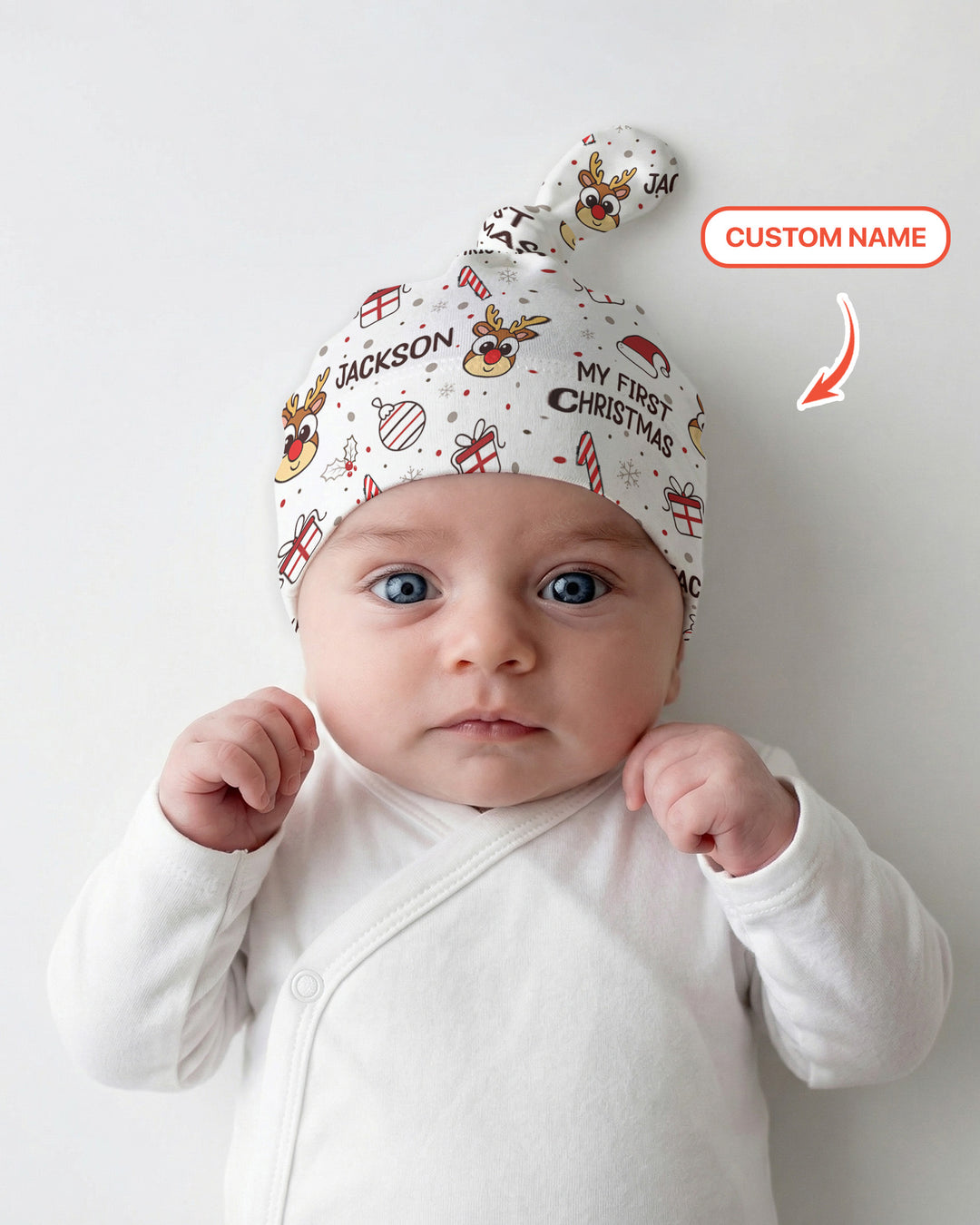 Custom Name Reindeer Doodle My First Christmas Bamboo Knotted Hat