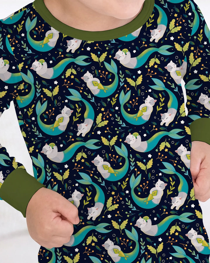 Midnight Mermaid Cats Bamboo Two Piece Long Sleeve Pajama Set