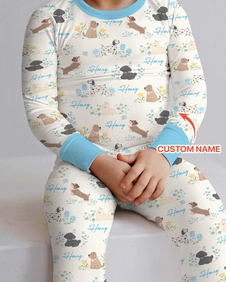 Custom Name Flower Dogs Bamboo Two Piece Long Sleeve Pajama Set