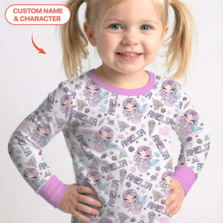 Custom Name Doodle Little Mermaid Bamboo Two Piece Long Sleeve Pajama Set