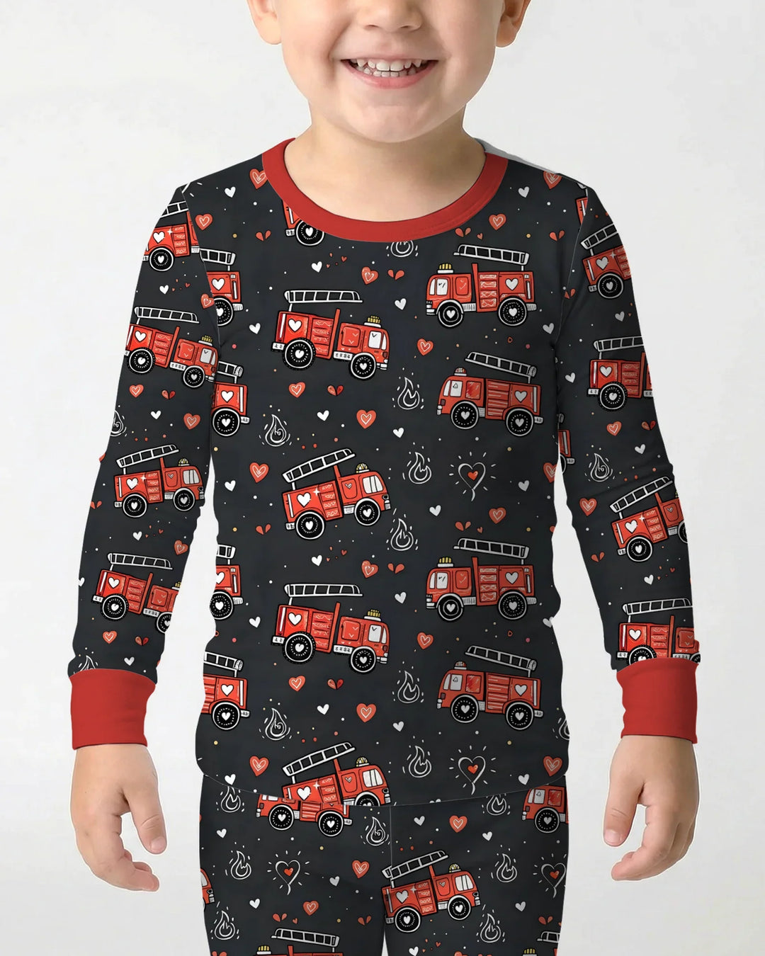 Valentine Fire Trucks Bamboo Two Piece Long Sleeve Pajama Set