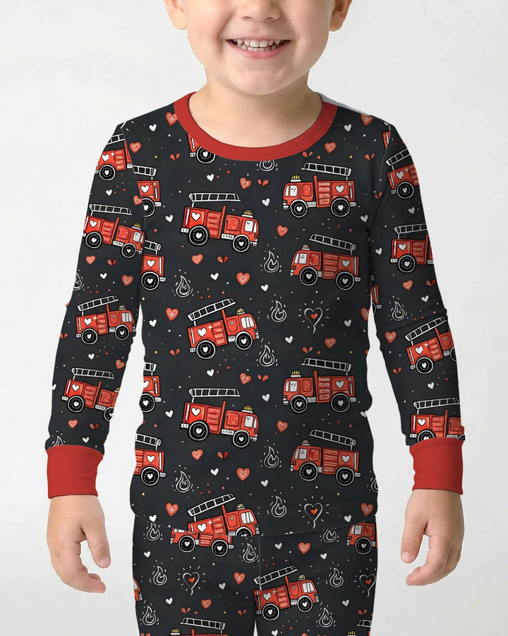 Valentine Fire Trucks Bamboo Two Piece Long Sleeve Pajama Set