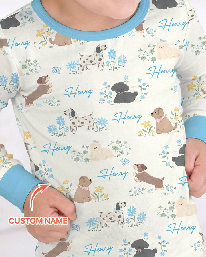 Custom Name Flower Dogs Bamboo Two Piece Long Sleeve Pajama Set