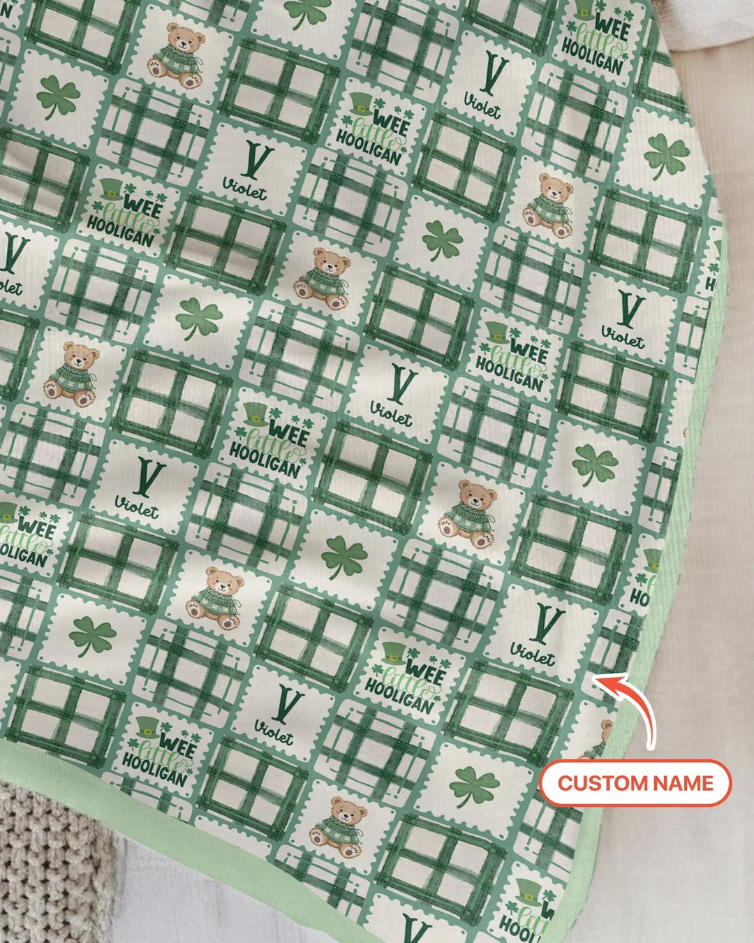 Custom Name Teddy Bear Gingham St. Patrick's Day Bamboo Blanket