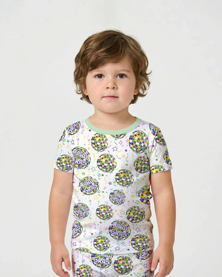 Mardi Gras Disco Ball Bamboo Two Piece Short Sleeve Shorts Pajama Set
