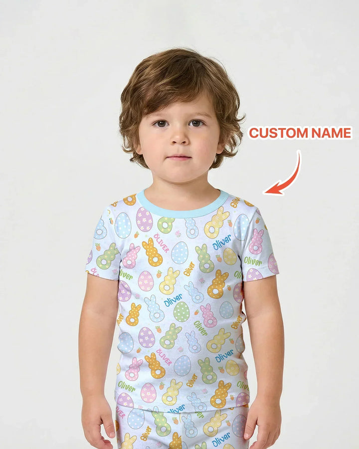 Custom Name Spring Pastel Easter Bamboo Two Piece Short Sleeve Shorts Pajama Set