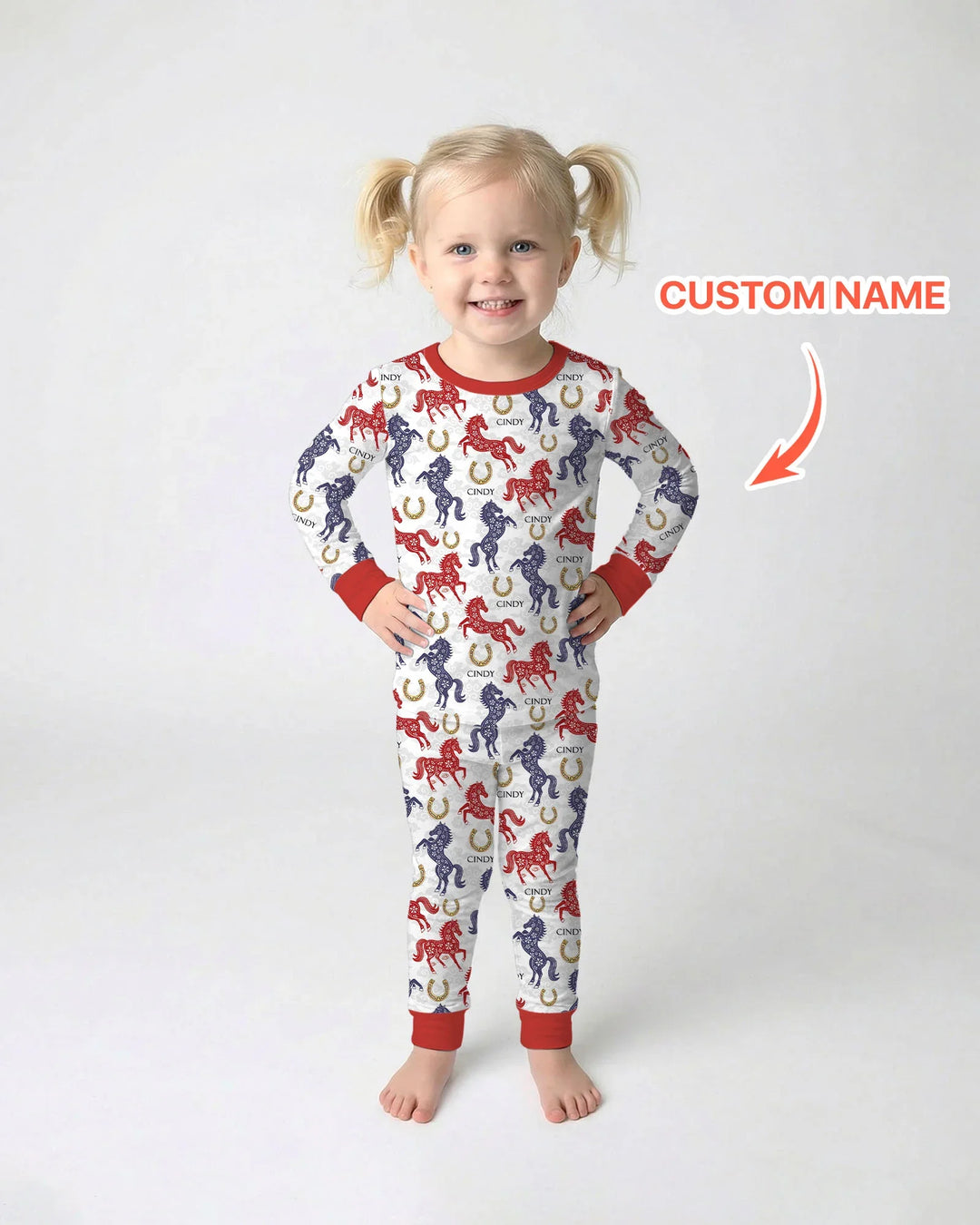 Custom Name Chinoiserie Horses Bamboo Two Piece Long Sleeve Pajama Set
