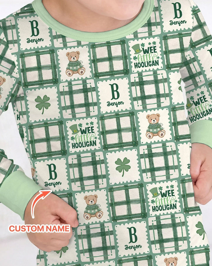 Custom Name Teddy Bear Gingham St. Patrick's Day Bamboo Two Piece Long Sleeve Pajama Set