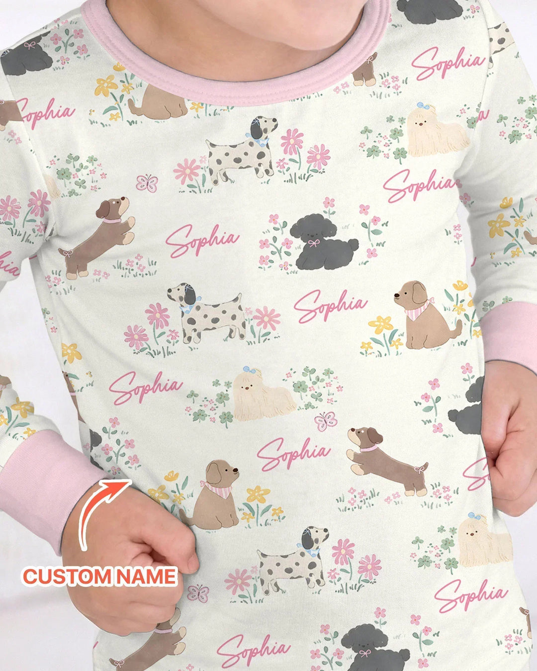 Custom Name Flower Dogs Bamboo Two Piece Long Sleeve Pajama Set