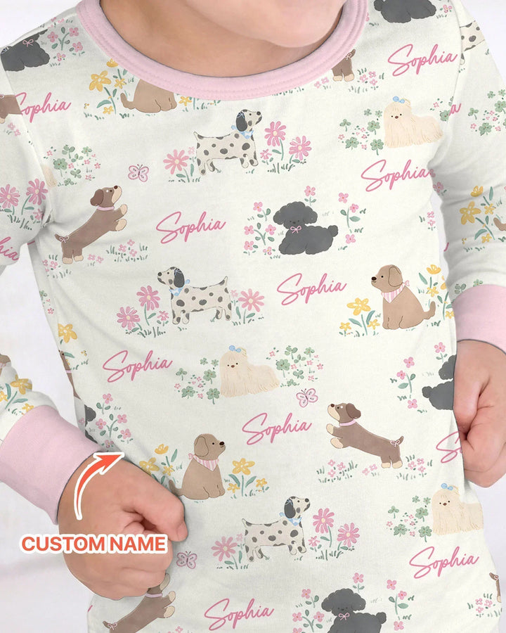 Custom Name Flower Dogs Bamboo Two Piece Long Sleeve Pajama Set