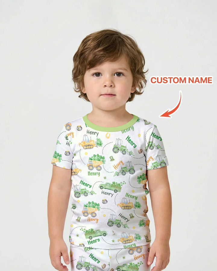 Construction St. Patrick's Day Custom Name Bamboo Two Piece Short Sleeve Shorts Pajama Set