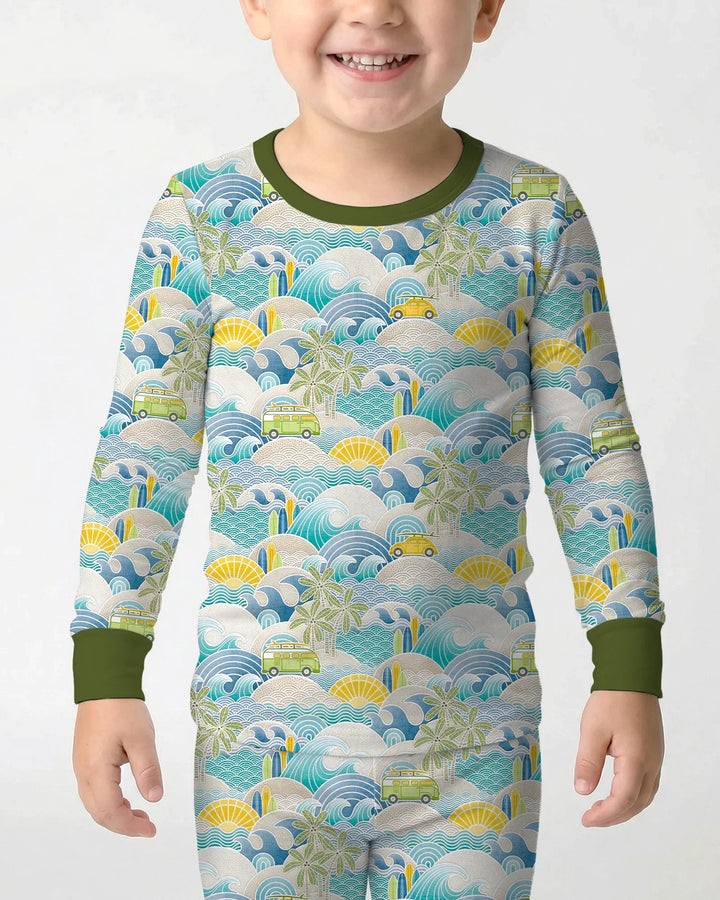 Coastal Road Trip Waves Surf Bamboo Two Piece Long Sleeve Pajama Set