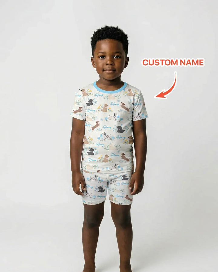 Custom Name Flower Dogs Bamboo Two Piece Short Sleeve Shorts Pajama Set