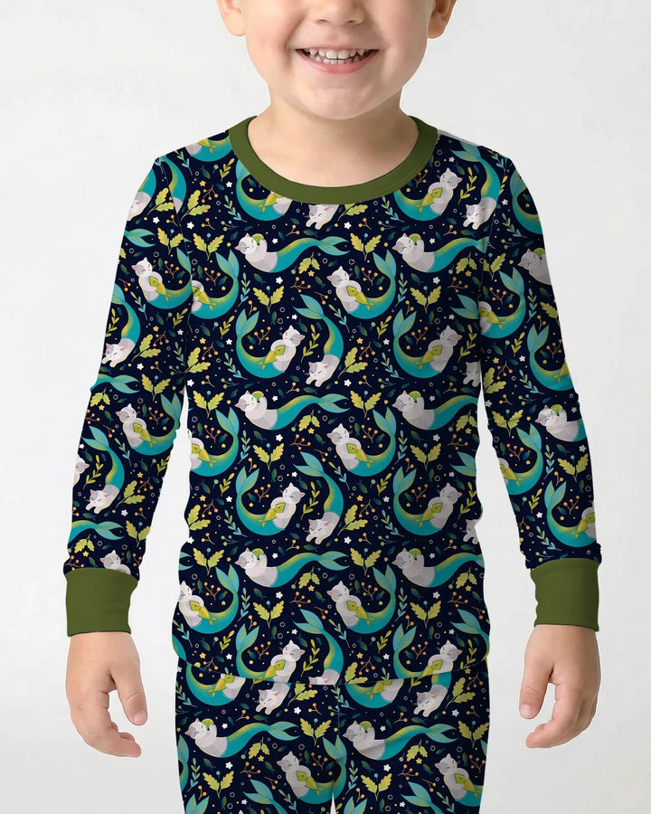 Midnight Mermaid Cats Bamboo Two Piece Long Sleeve Pajama Set