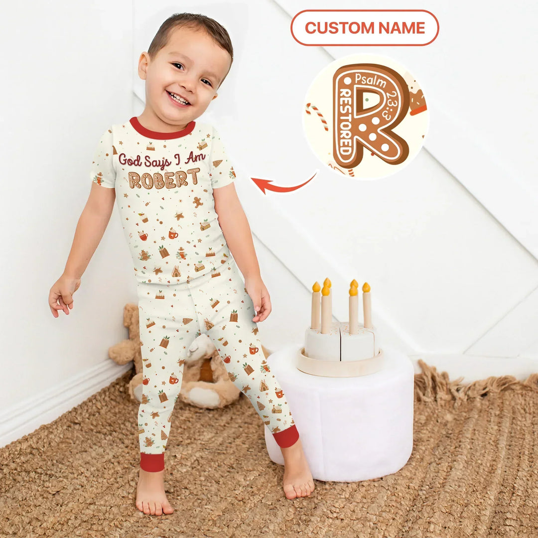GingerBread God Says I Am Custom Name Two Piece Short Sleeve Pajama Set , GingerBread God Says I Am Custom Name Two Piece Short Sleeve Pajama Set - 12-18M