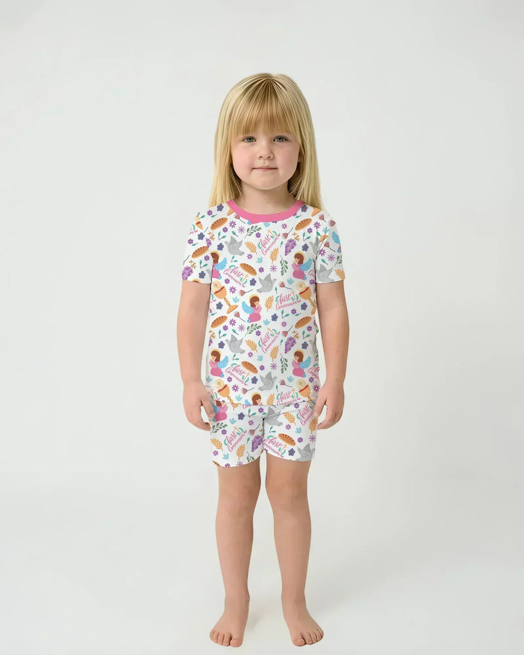 First Communion Bamboo Two Piece Short Sleeve Shorts Pajama Set