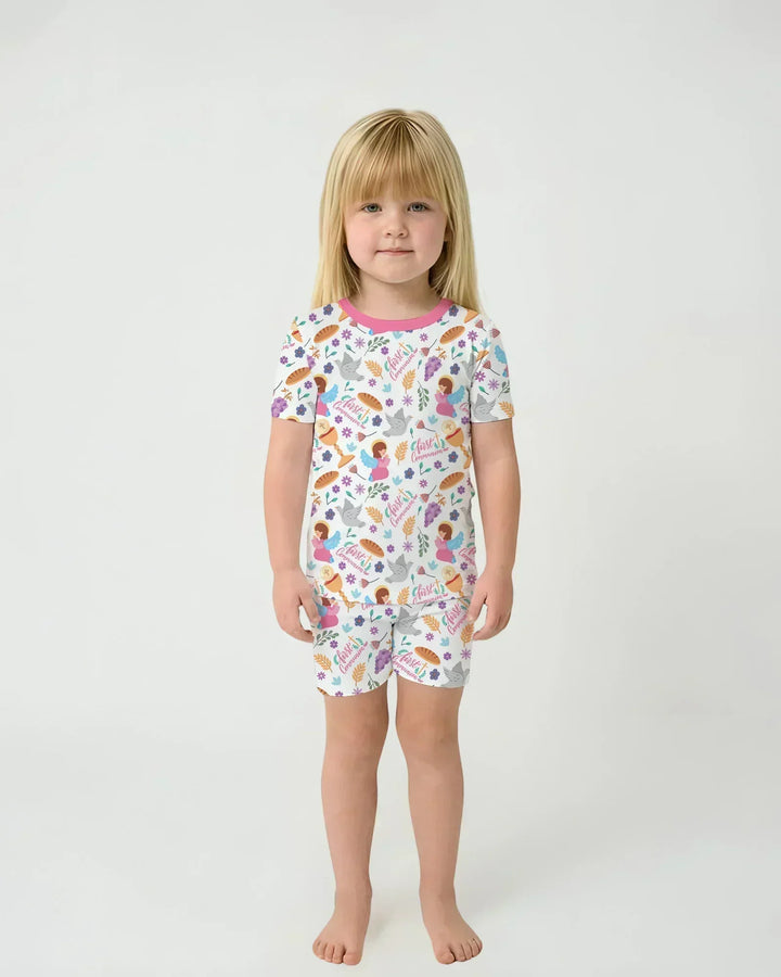 First Communion Bamboo Two Piece Short Sleeve Shorts Pajama Set
