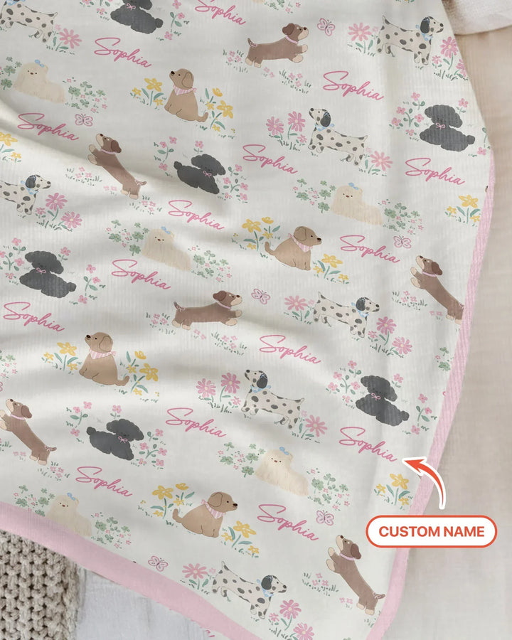 Custom Name Flower Dogs Bamboo Blanket