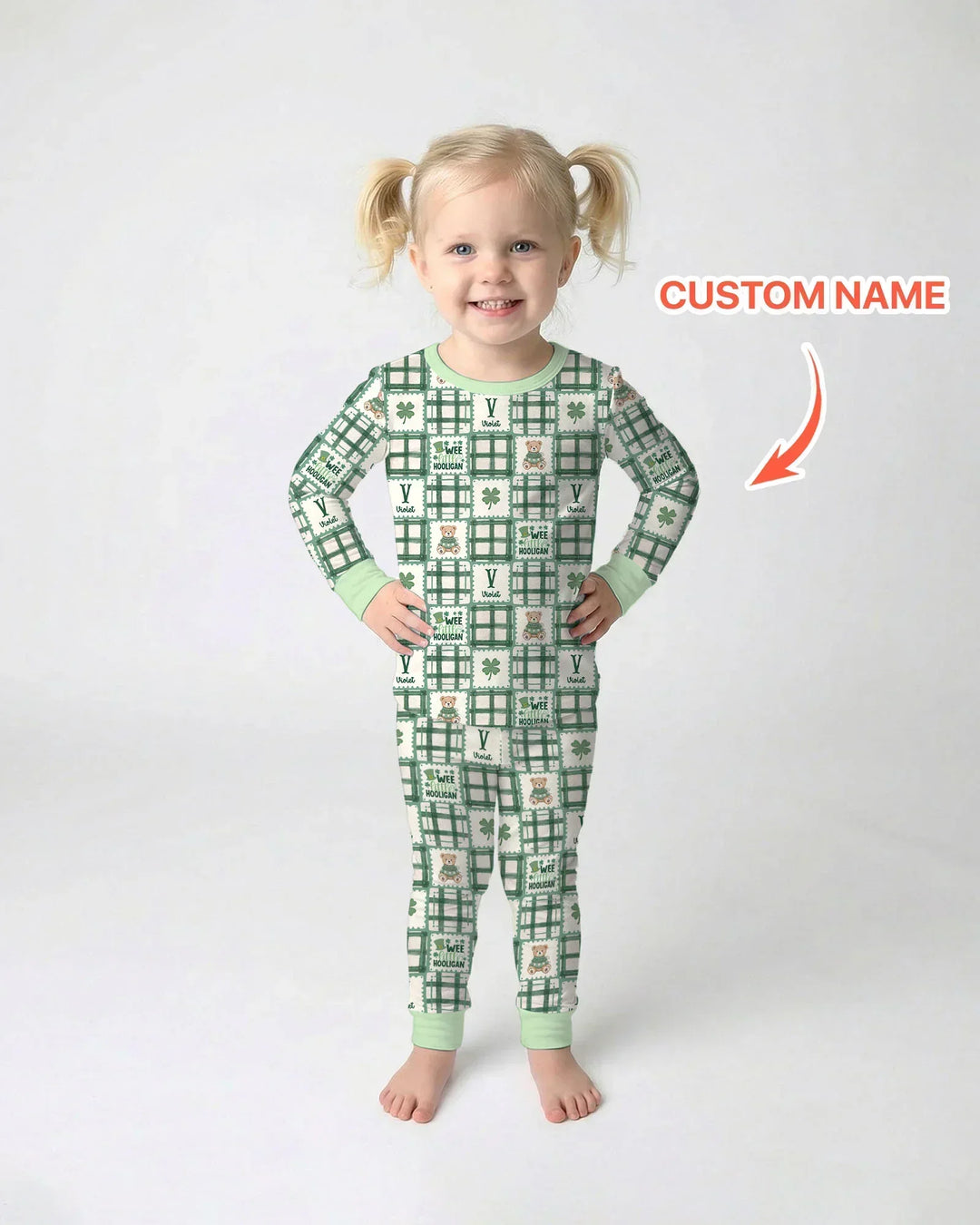Custom Name Teddy Bear Gingham St. Patrick's Day Bamboo Two Piece Long Sleeve Pajama Set