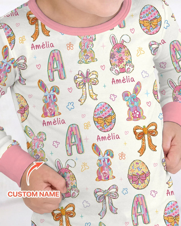Happy Easter Custom Name Bamboo Two Piece Long Sleeve Pajama Set