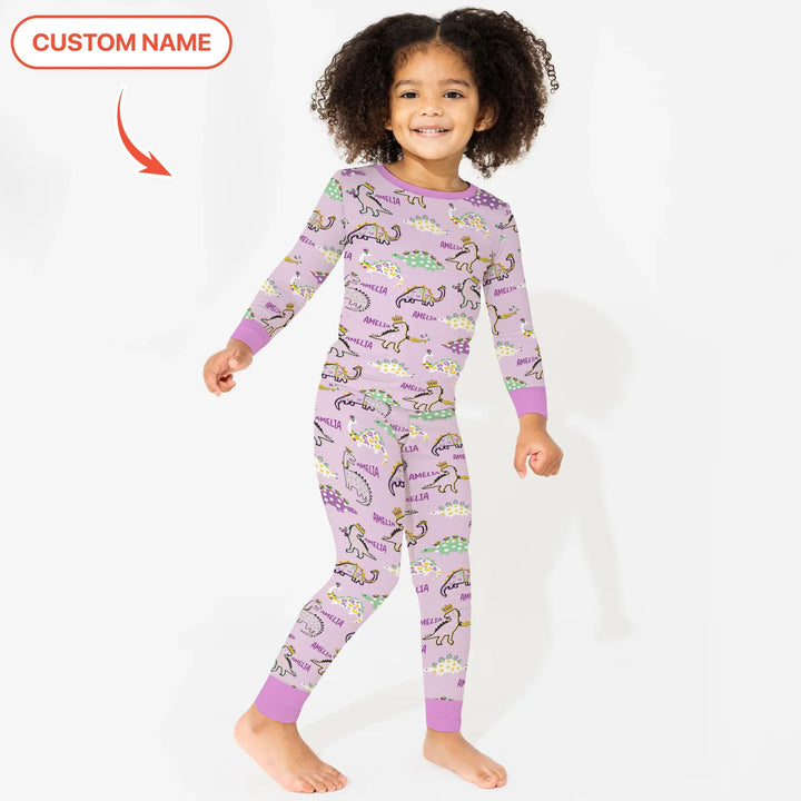 Custom Name Mardi Gras Saurus Bamboo Two Piece Long Sleeve Pajama Set