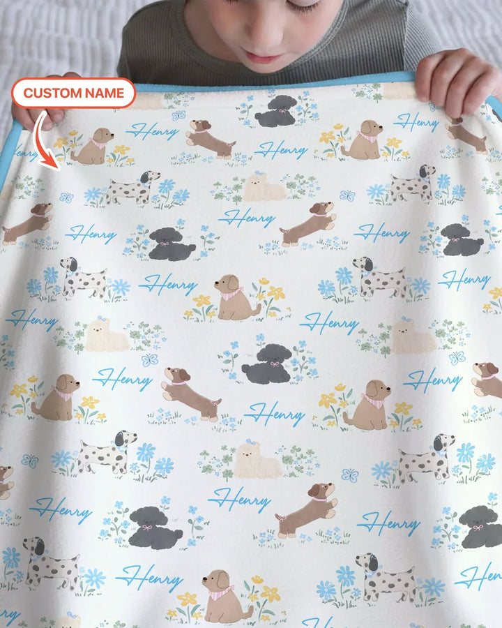 Custom Name Flower Dogs Bamboo Blanket