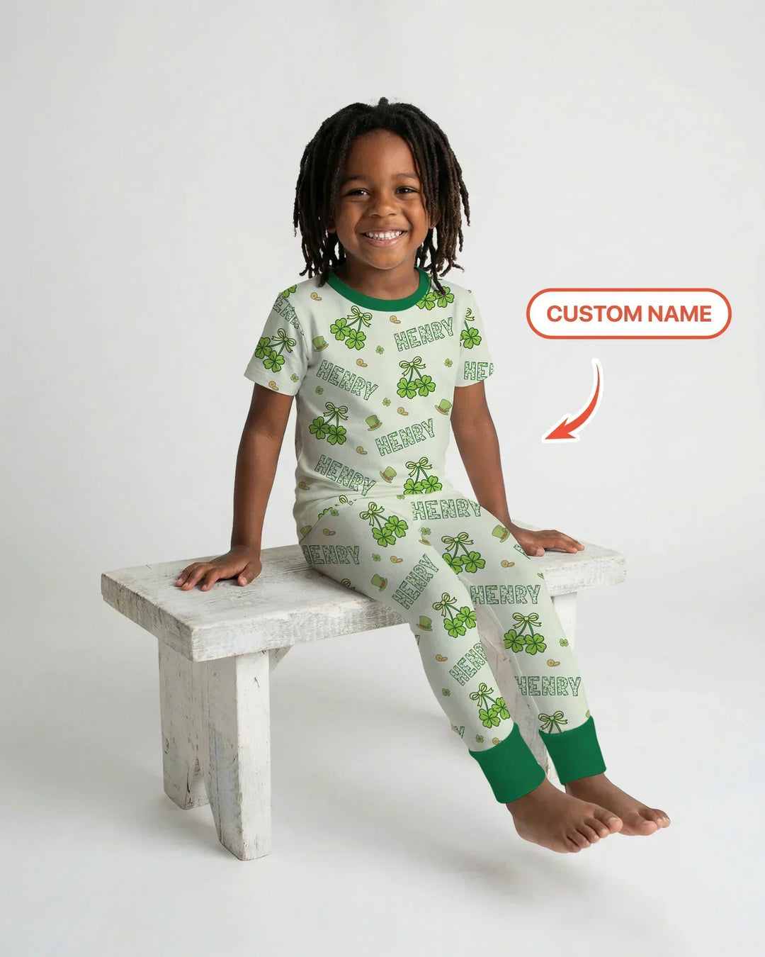 Custom Name Lucky Little Shamrock Bamboo Two Piece Short Sleeve Pajama Set
