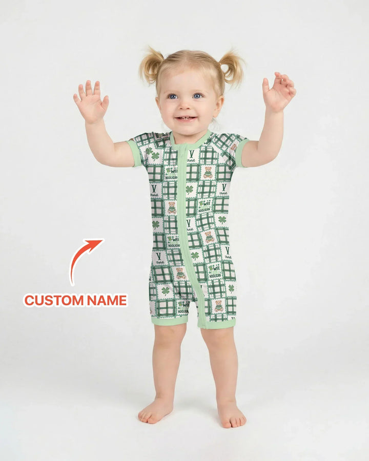 Custom Name Teddy Bear Gingham St. Patrick's Day Bamboo Shorty Zippy