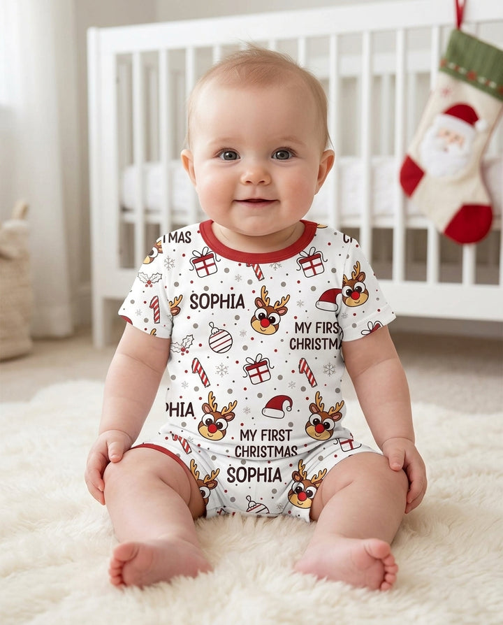 Custom Name Reindeer Doodle My First Christmas Bamboo Two Piece Short Sleeve Shorts Pajama Set