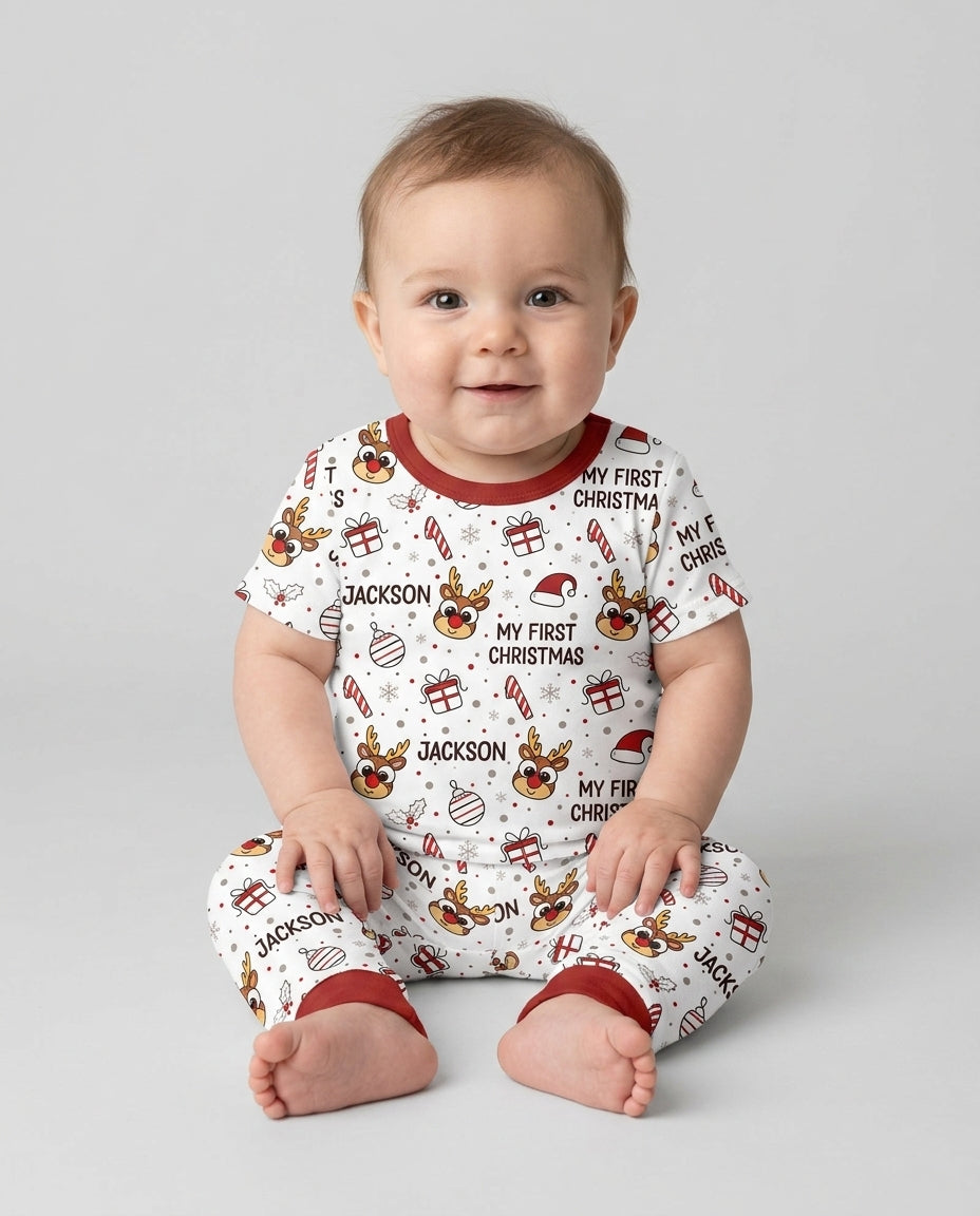 Custom Name Reindeer Doodle My First Christmas Bamboo Two Piece Short Sleeve Pajama Set